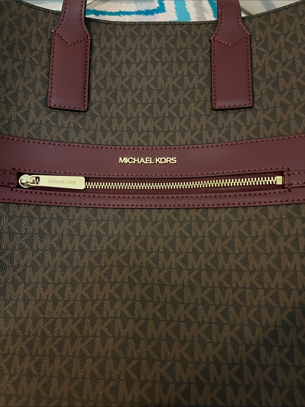 Michael Kors Brown and Burgundy Logo Messenger Tote with Adjustable Strap - Picture 4 of 6
